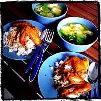 Teriyaki chicken rice with shrimp dumpling soup