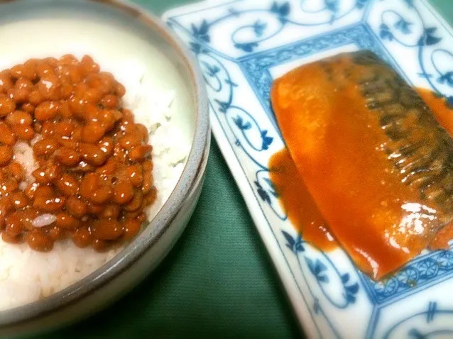 納豆ご飯とセブンイレブン印の鯖味噌漬け|gekoさん