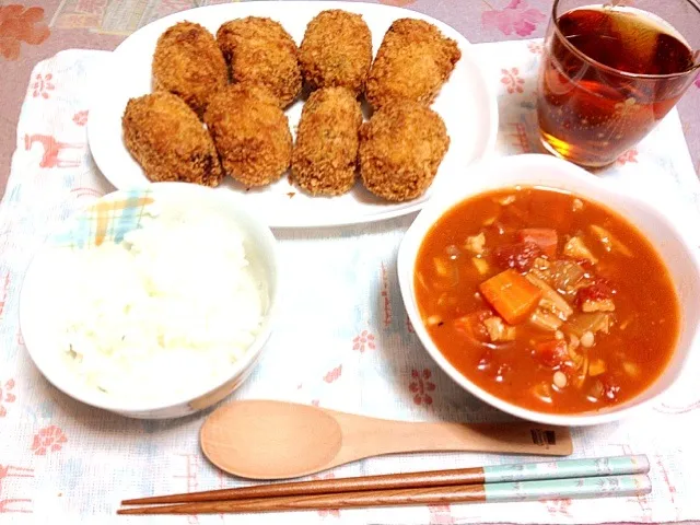 たらのトマトスープ＊かぼちゃとじゃがいものコロッケ|ゆかりごはんさん