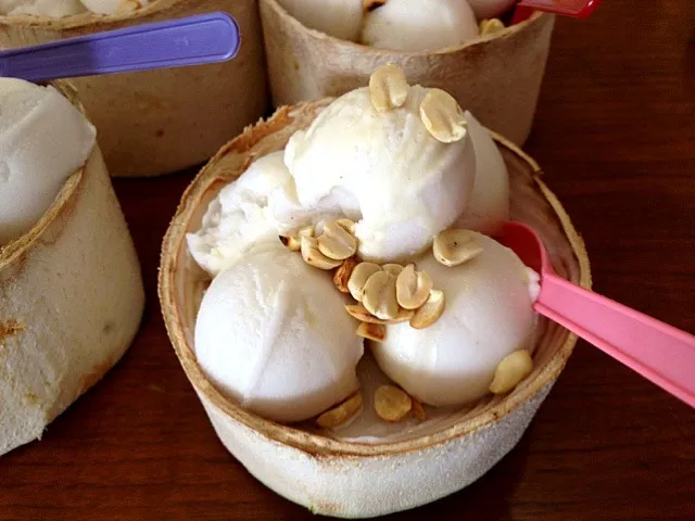 very delicious coconut icecream in coconut container topping with nuts|Tunaさん