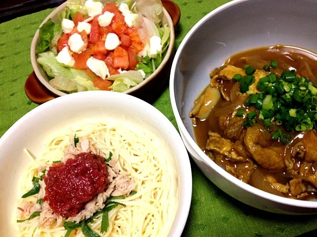 Snapdishの料理写真:和風カレー丼、ツナ梅サラスパ|ゆさん