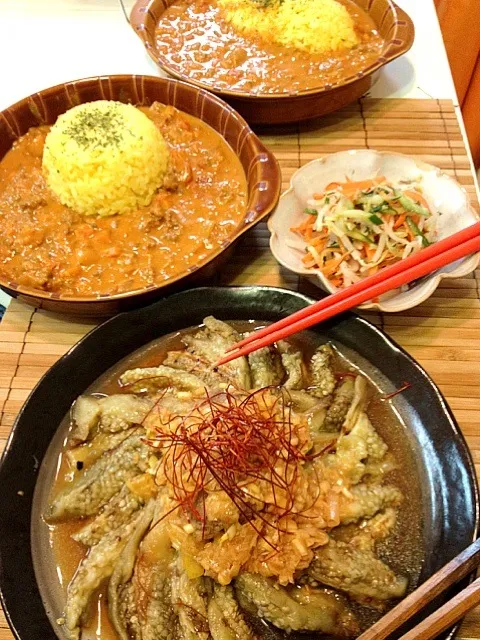 Snapdishの料理写真:ココナッツカレーと冷んやり焼きなすの香味ダレかけ|かずさん