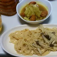 カルボナーラとキャベツとウインナーのカレー煮|しおんさん