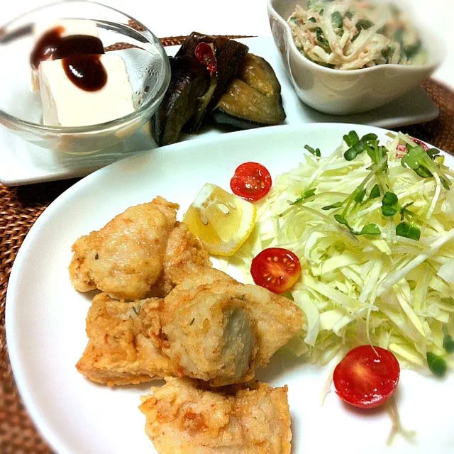 ムネ肉でもジューシー塩唐揚げ☆ゴーヤツナサラダ☆茄子の煮浸し☆お豆腐|ぽにょ☆さん