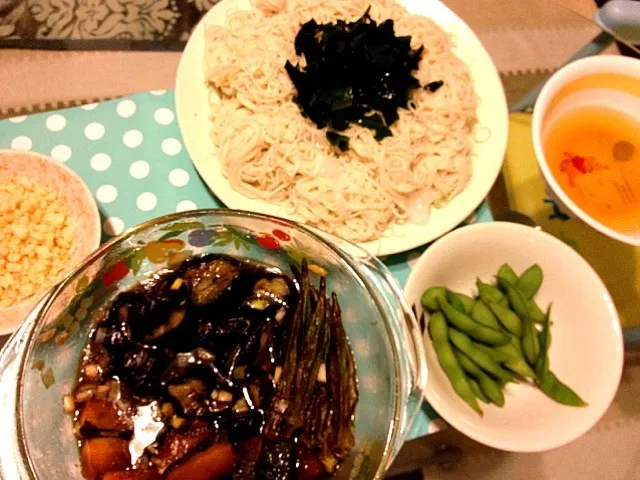 そうめん、野菜の揚げ浸し、枝豆|なおさん