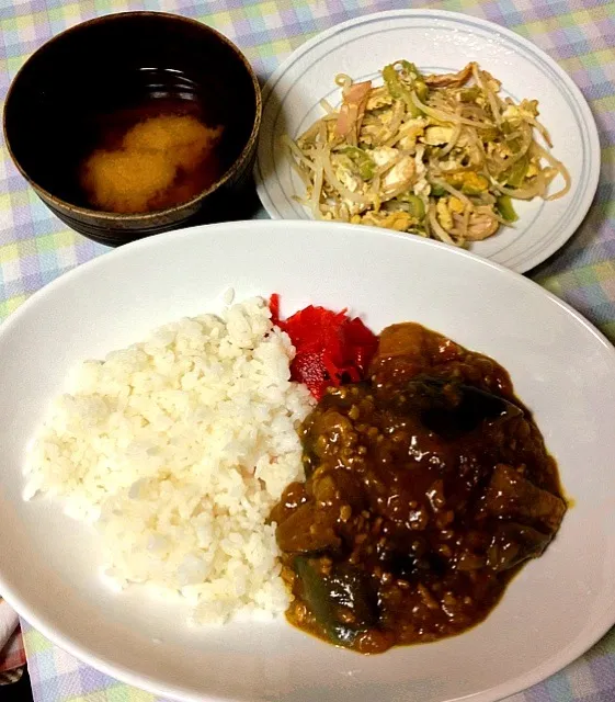 今日の晩ご飯。ナスとトマトのひき肉カレー、ゴーヤともやしの卵とじ、味噌汁です*\(^o^)/*|しおりさん