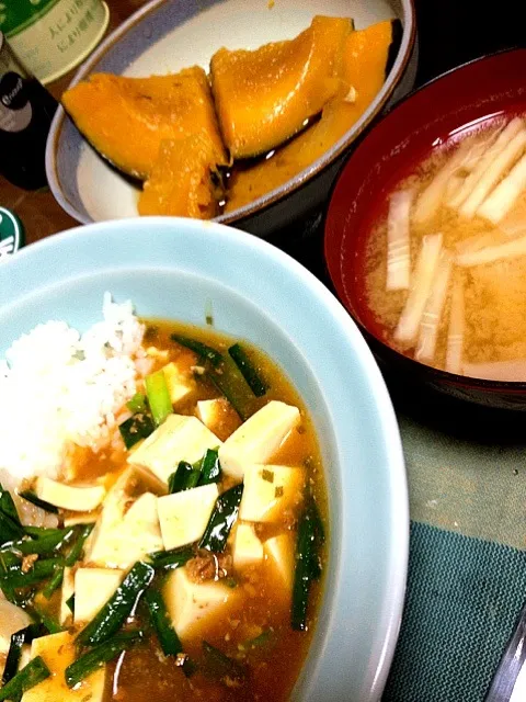 #夕飯  大根の味噌汁、南瓜の煮物、麻婆丼。ガッツリ食べた！|ms903さん