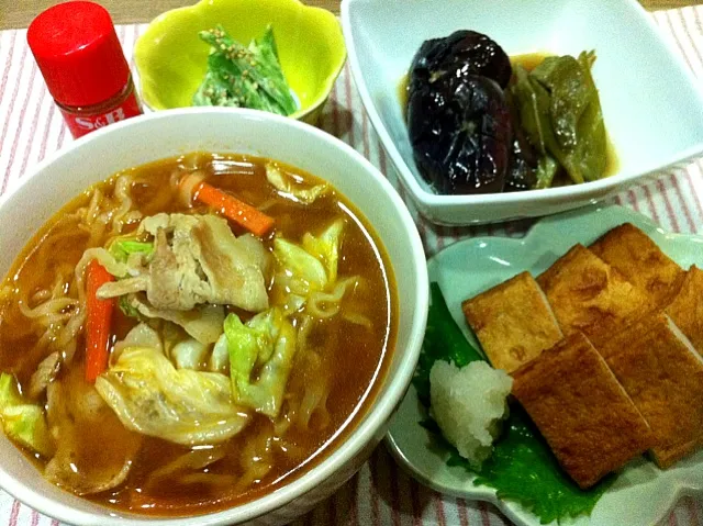 お土産佐野ラーメン・ささげ茄子煮物・さつま揚げ網焼き・ささげ味噌マヨ和え|まーままさん