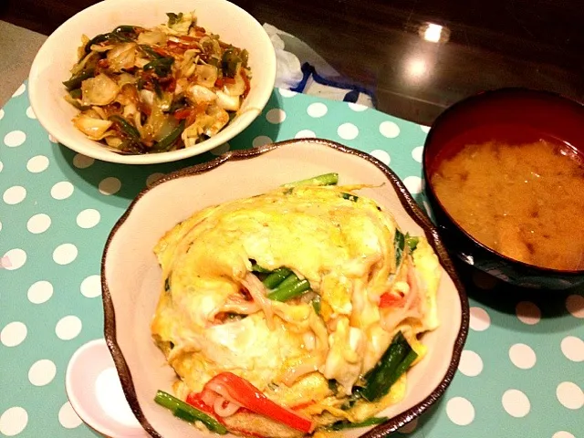 天津丼、チャプチェ、味噌汁|なおさん