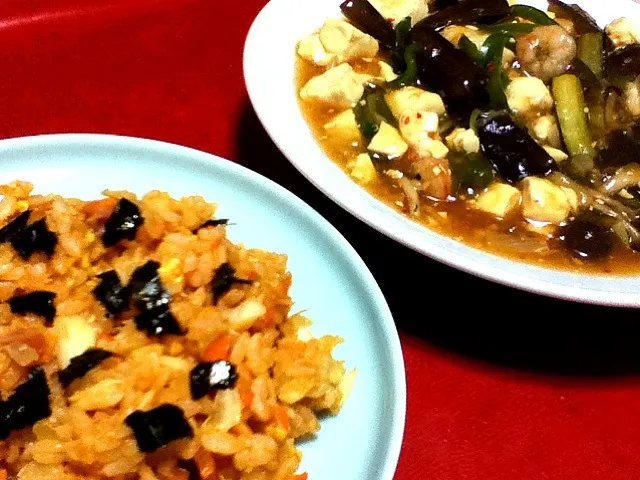 今日の晩ごはん トマトケチャップチャーハンとナスとピーマンの麻婆豆腐風|まことさん