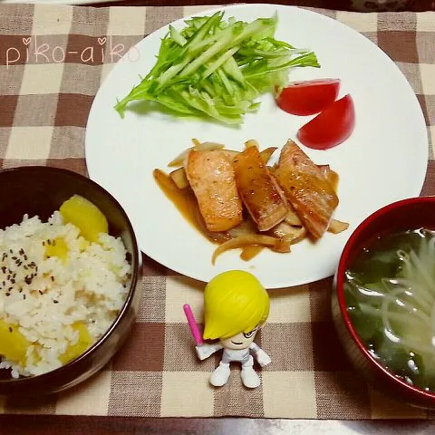 Snapdishの料理写真:さつまいもごはん&鮭のクリーミー照り焼き☆|ぴこあいこさん