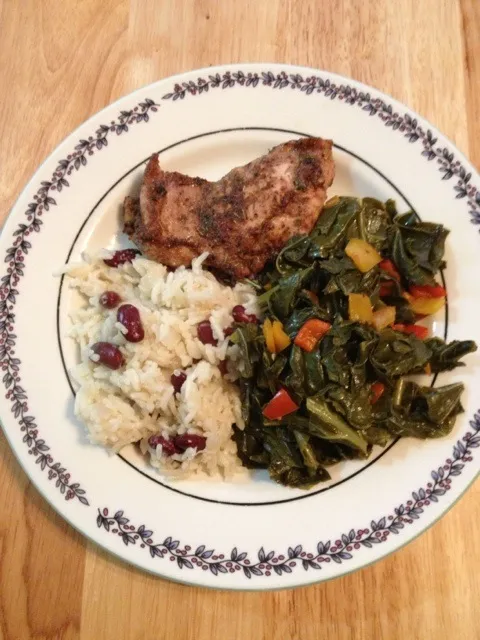 Jerk Chicken, Coconut Rice & Peas, Collard Greens|http://melissasmenu.wordpress.com/さん