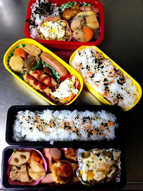 Snapdishの料理写真:パパ、妹、自分弁当(筑前煮、芋もち、お好み風キャベツ炒め、生姜天、ウインナー|ayamenさん