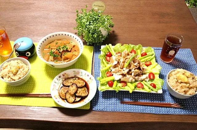 栗おこわ、冷しゃぶサラダ、茄子のポン酢和え、厚揚げと大根の胡麻味噌煮|pentarouさん