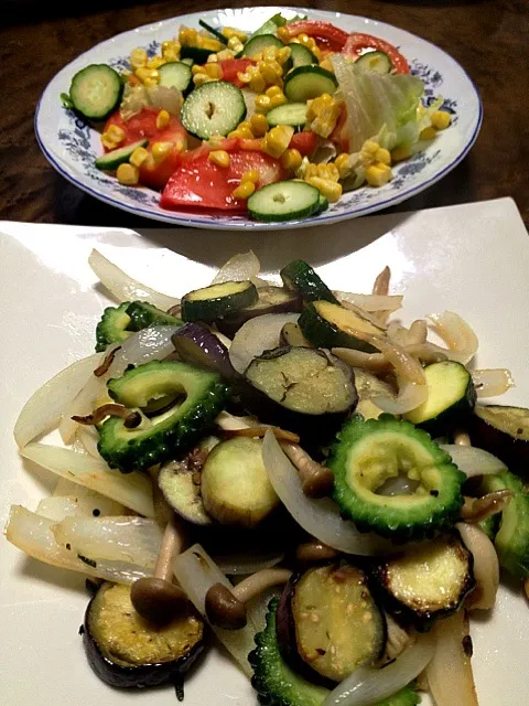 夏野菜のローズマリー炒めと野菜サラダ|カナうささん