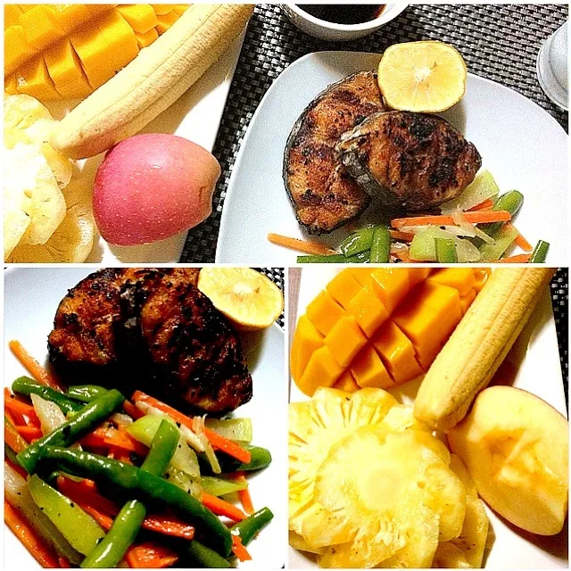 Snapdishの料理写真:Grilled fish with lemon and butter,mix veggies and fresh fruits|tata navarraさん