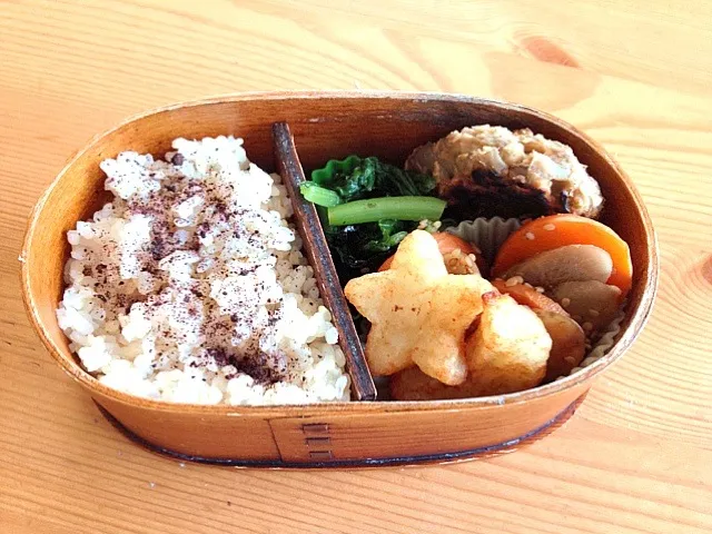 【今日のお弁当】レンズ豆のオートミールのハンバーグ、根菜のゴマ煮、青菜お浸し|yuccaさん