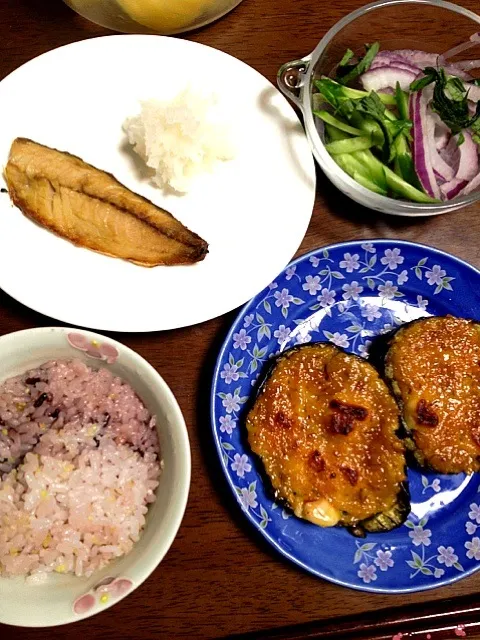 かも茄子の味噌焼き 鯵の干物 大根おろし 玉葱サラダ|掛谷節子さん