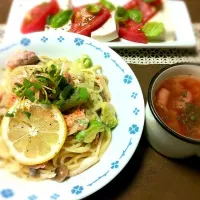 サーモンとアボカドクリームパスタ☆塩豆腐のカプレーゼ☆トマトスープ