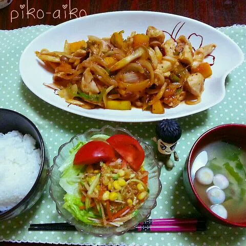 鶏のケチャップ醤油炒め定食☆|ぴこあいこさん