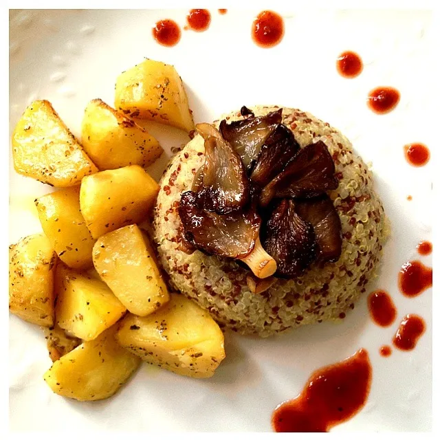 Snapdishの料理写真:Organic Tri-color quinoa, Organic Greek potatoes, and Oyster Mushroom Adobo. All vegan.|Anneさん