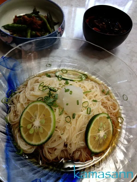 Snapdishの料理写真:tibitaityouちゃんの、カボス素麺(^ ^)|かまさん