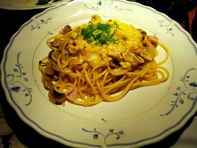 jap style spaghetti with egg, bacon m mushroom|genさん