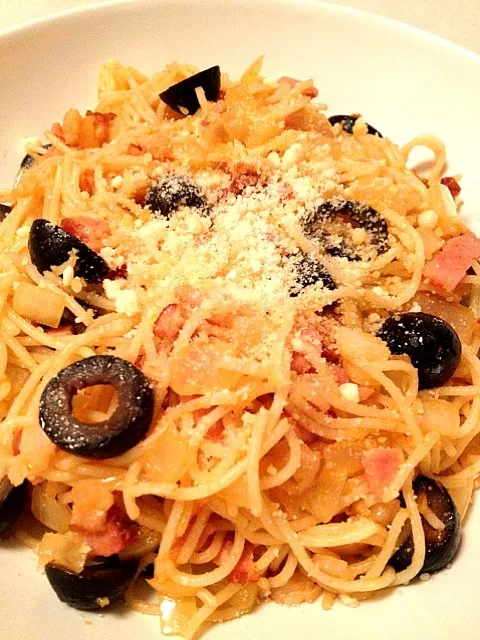 angel hair marinara with bacon|Bridgetさん