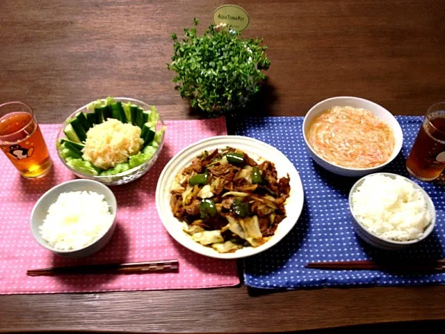 Snapdishの料理写真:回鍋肉、明太子春雨サラダ、蟹玉あんかけ|pentarouさん