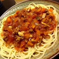 Snapdishの料理写真:お手製ミートソースパスタ|きむらゆういちさん