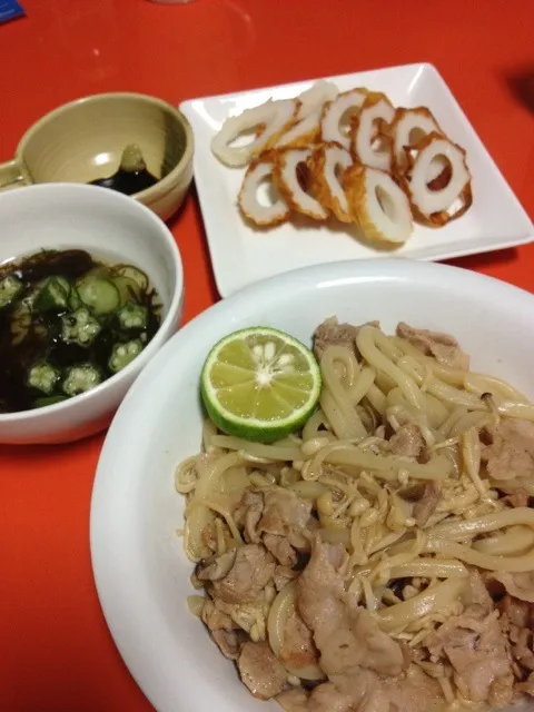 Snapdishの料理写真:すだち香る焼うどん もずく 鯛ちくわ(お土産)|masumiさん