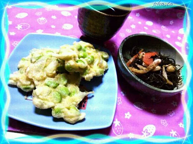 切り昆布煮&青豆と玉ねぎのかき揚げ|鈴木ひらめさん