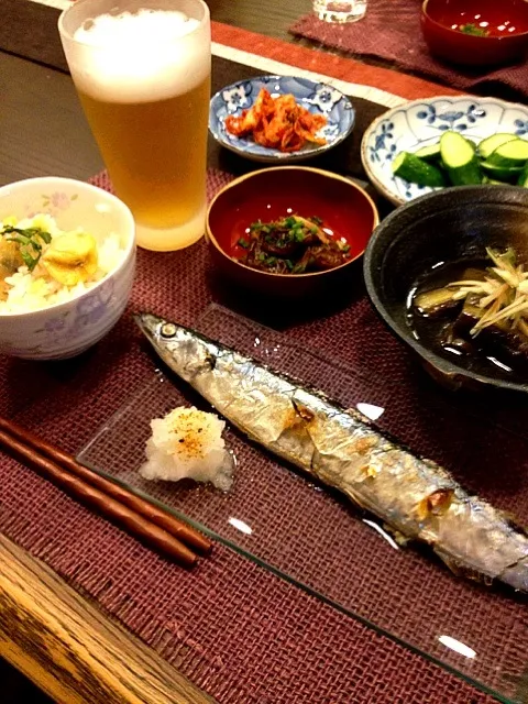 秋刀魚、栗ごはんwith玄米、茄子の含め煮withミョウガ、椎茸の生姜焼き|masakoさん