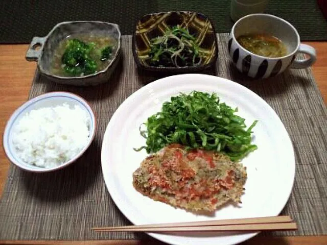 豚肉のパン粉焼き、三つ葉とほうれん草の和え物、ブロッコリーのカニあんかけ、千切り野菜スープ|高嶋幸惠さん