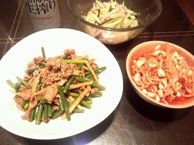 Snapdishの料理写真:ニンニク芽の炒め物＆キムチもやし＆中華風春雨サラダ|はっちゃんさん