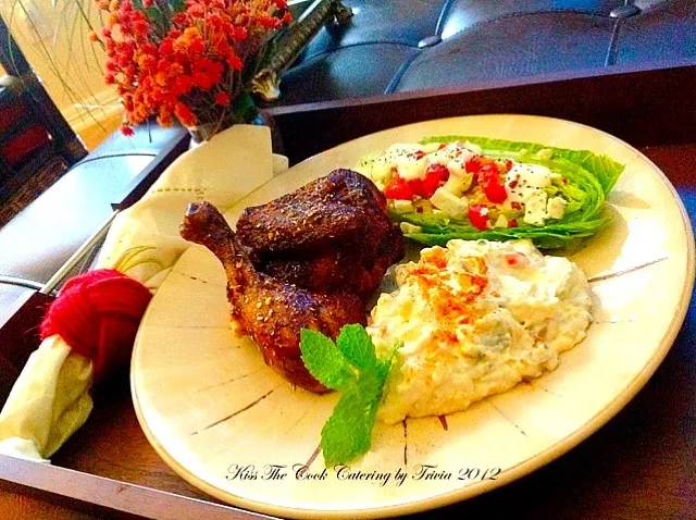 My Oven Baked Sweet Peppercorn BBQ Chicken, Potato Salad and a Salad Wedge with Blue Cheese, Tomatoes, Turkey Bacon bits with Peppercorn Ranch Dressing❤|Taste-New Americanさん