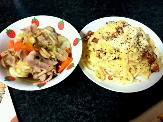 カルボナーラうどん.野菜と豚肉の煮物|みーちょりさん