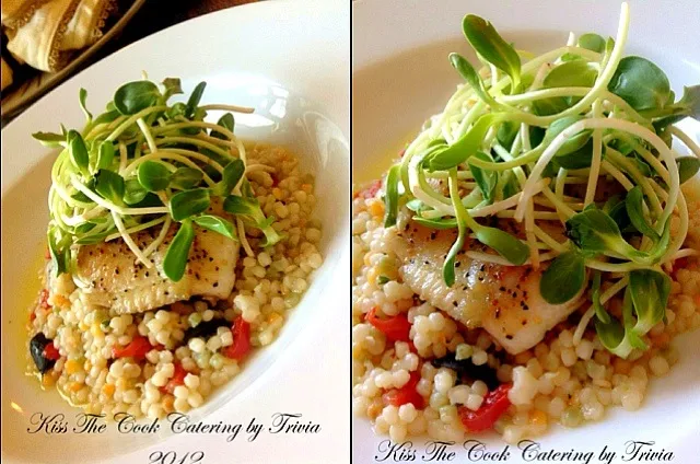 Lemon Pepper Seared Fish and Couscous Greek Salad with Sunflower Spouts❤|Taste-New Americanさん