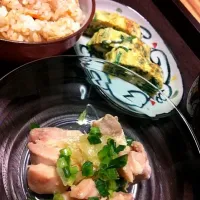 塩麹チキンの酒蒸し、キノコの炊き込みご飯、ニラ卵焼き、青梗菜の吸物|kikuminさん