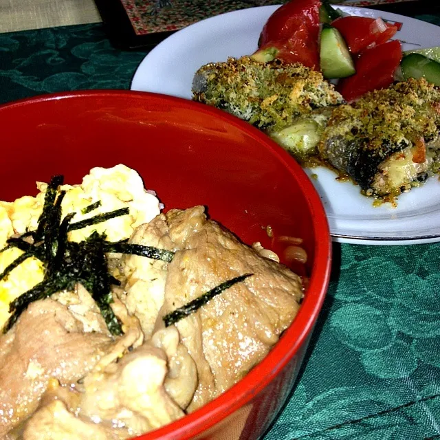 ホエー豚の醤油麹丼と秋刀魚のガーリック＆チーズオーブン焼き|ちーねーさん