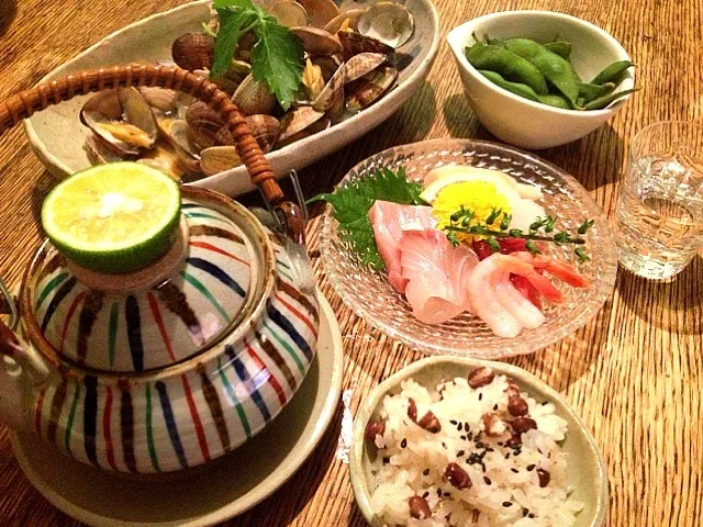 松茸の土瓶蒸し➕浅利酒蒸し➕お刺身➕茶豆➕赤飯|らむじーさん