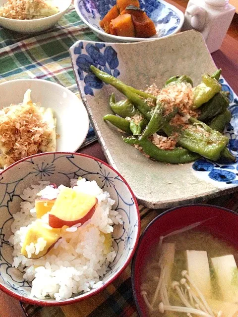 さつまいもごはん、万願寺とうがらし、焼きなす|のんさん