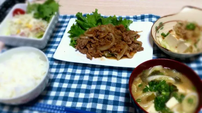 しょうが焼き、味噌汁、サラダ、冷奴|れいさん