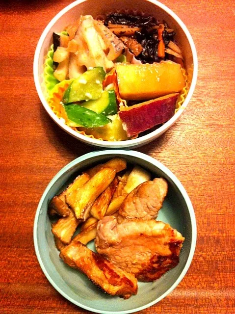 Snapdishの料理写真:10/9娘弁当  塩豚とエリンギのソテー  きゅうりの塩麹漬け  さつまいもとレーズンのりんごジュース煮  レンコンきんぴら  ひじき|yukiyamasakiさん