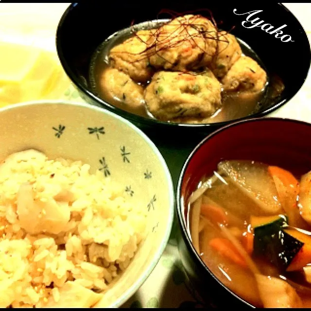 里芋ご飯、根菜の味噌汁、飛竜頭の含め煮、玉子豆腐|亜矢子さん