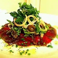 muntjack carpaccio with pickles and soft herbs.|ben popeさん