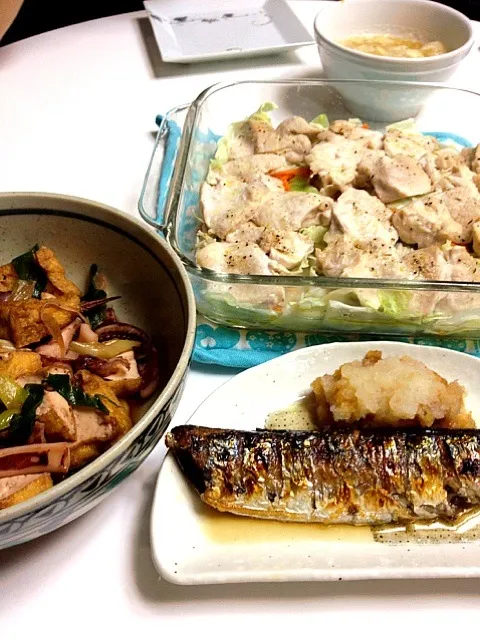 秋刀魚、イカと厚揚げとネギの甘辛煮、チキンと野菜のオーブン焼き|さくらさん