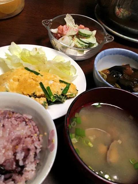 韮卵 茄子の煮物 サラダ アサリの味噌汁|掛谷節子さん