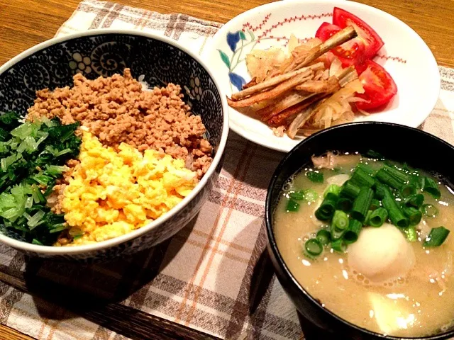 三色そぼろ丼   豚汁   サラダ|高田恵子さん