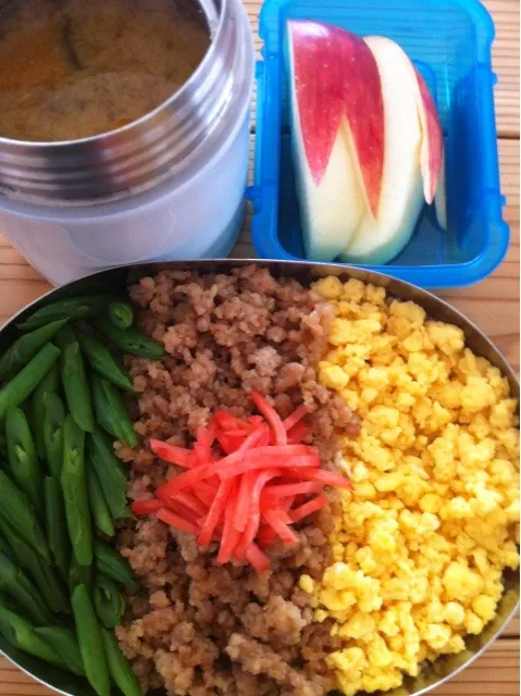 そぼろ丼  南瓜と玉ねぎのお味噌汁  りんご|かわまきまきさん